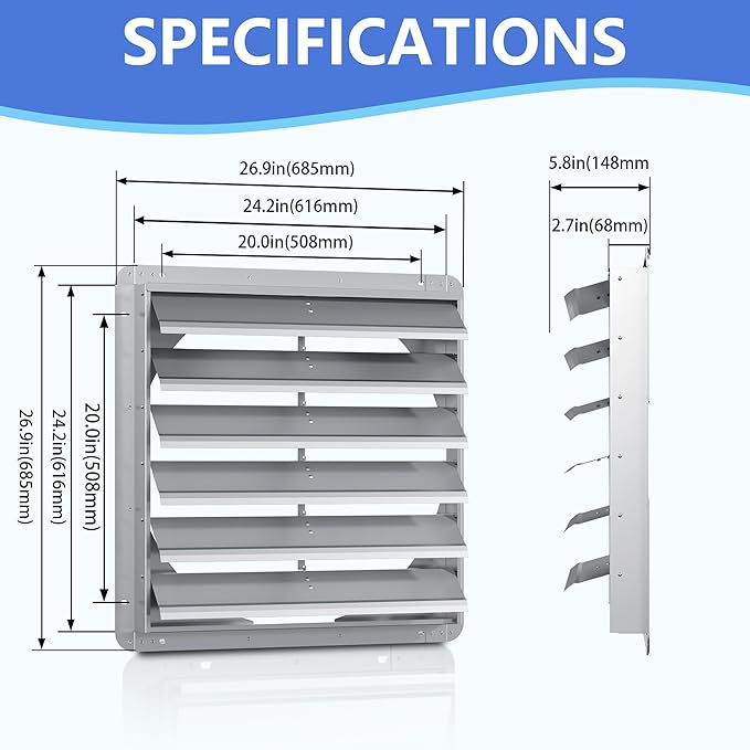 24 Inch Galvanized Shutter Exhaust Louver Vent, Automatic Gravity Shutter Louver Vent for Home Attics, Workshops, Barn, Greenhouse (Motor&Blades are not Included)