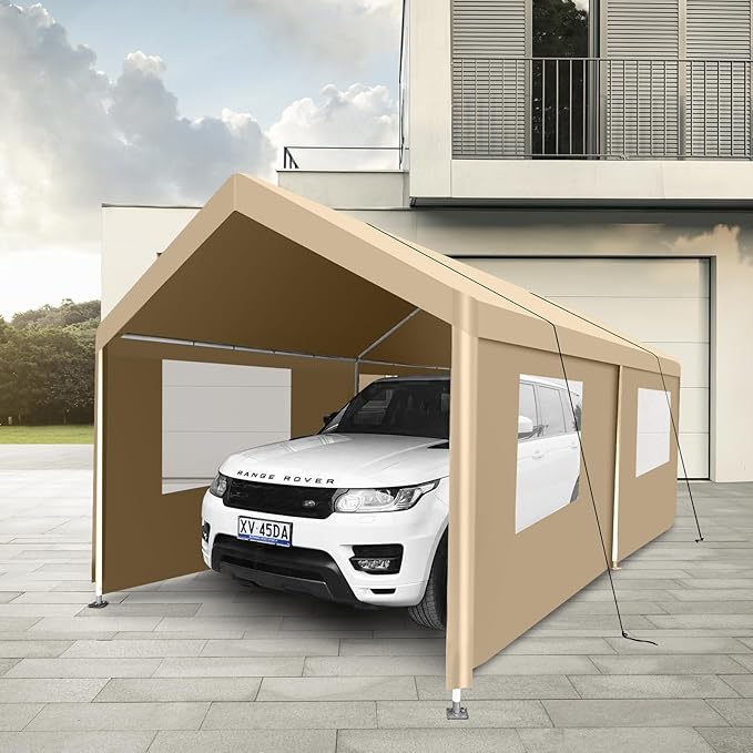 Carport 10x20 Ft Heavy Dut Car Port Canopy, Portable Garage Shelter Car Tents Carpas para Carros All Weather for Automobiles Truck Boat (Khaki)