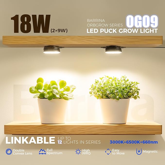 Barrina Orbgrow OG09 Puck Grow Light with Timer, 660nm Red LEDs, 18W(2 x 9W, 270 Watt Equiv), Full Spectrum Plant Light for Indoor Plants, Magnetic & Linkable, 5 Levels Dimmable, 2 Packs, Black