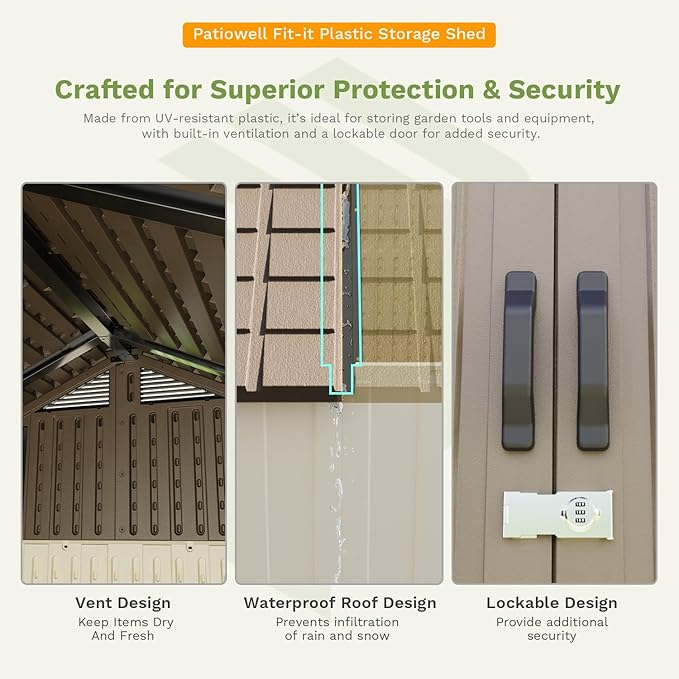 Patiowell 8 x 8 FT Plastic Outdoor Storage Shed with Floor, Resin Shed with Window and Lockable Door for Garden, Backyard, Tool Storage Use, Easy to Install in Brown (Kick-it Shed)