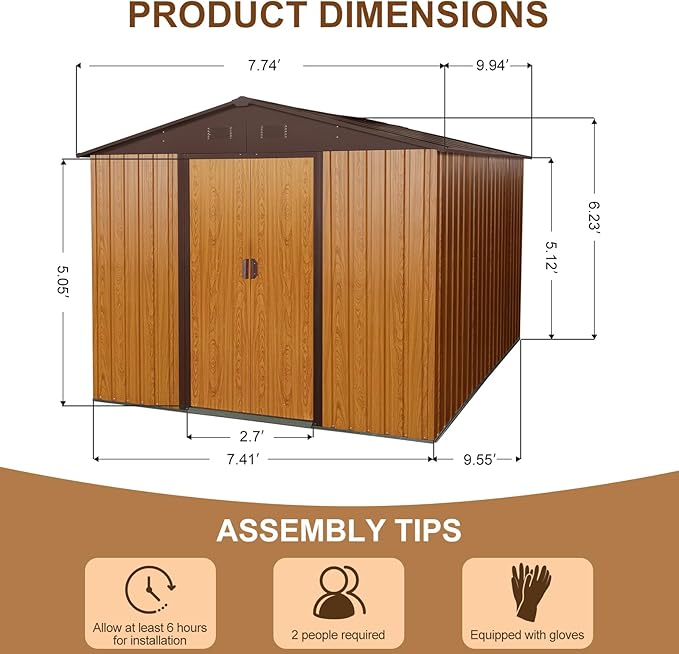 10x8 FT Outdoor Storage Shed, Garden Tool House with Metal Floor Base, Double Sliding Doors, Air Vents, Storage Clearance for Backyard, Patio, Garage, Lawn, Coffee