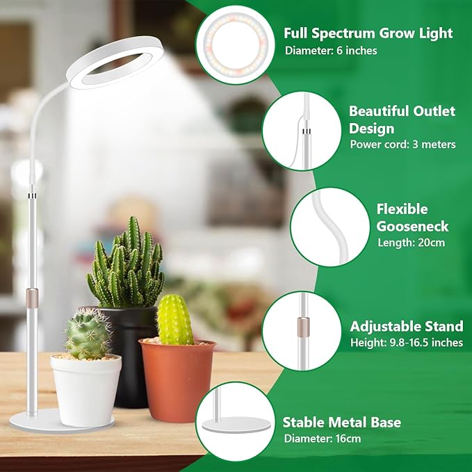Grow Lights for Indoor Plants, 80 LED Full Spectrum Desk Plant Light for Growing Small Plant, Height Adjustable 24.5" Halo Grow Lamp with Base, 6/12/16H Timer, 3 Light Modes, 5 Dimming
