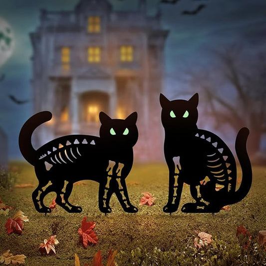 Halloween Black Cat Garden Stake Decor - 2 Pack Scary Cat Silhouette Metal Yard Signs with Glow-in-The-Dark Eyes for Outdoor Halloween Decorations