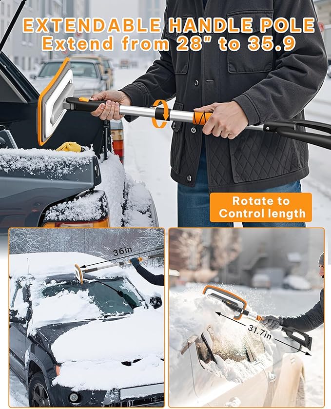 helloleiboo 39.8" 3-in-1 Snow Brush for Car Snow Broom Extendable Snow Brush and Ice Scraper 12-Inch Pivoting Foam Head Snow Scraper for Christmas Car Truck SUV (Orange)