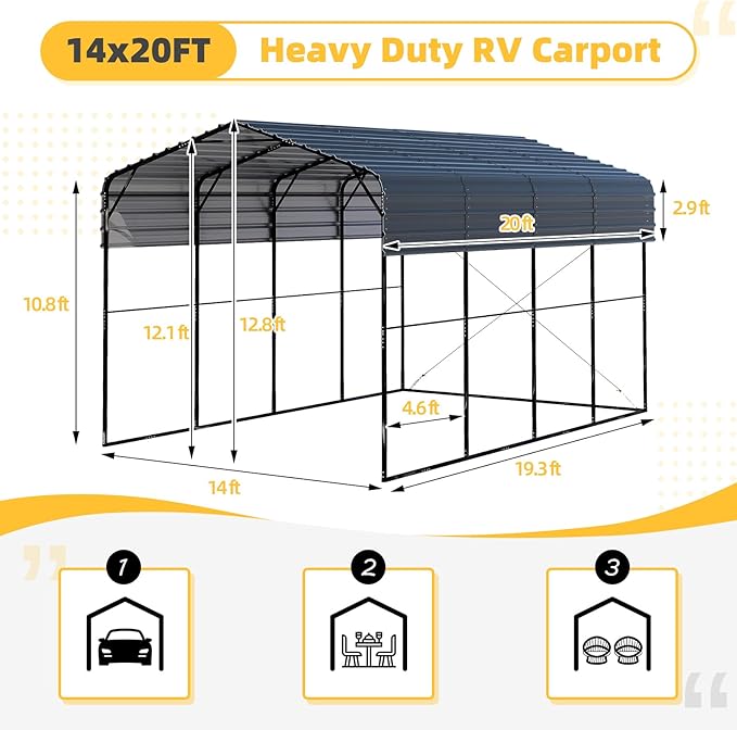 EROMMY 14x20 FT RV Metal Carport, Heavy Duty Carports with Reinforced Steel Frame, Weather-Resistant Galvanized-Steel Roof Shelters, Outdoor Car Shed for 2 Vehicles, Truck, Boat and SUV, Gray