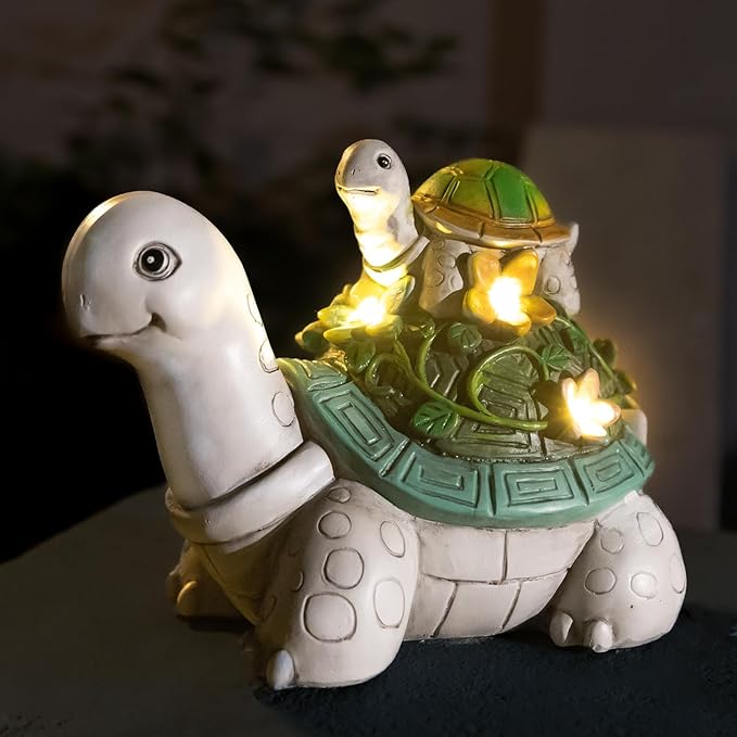 Solar Garden Lights Outdoor Statues – 2 Turtle Figurines with 7 LED Lights, Cute Lawn Ornaments for Yard, Patio, Porch, Balcony – Waterproof Solar Turtle Garden Decor for Outside
