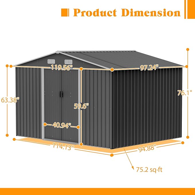 10x8 FT Sheds & Outdoor Storage Garden Metal Shed with Floor Frame Lockable Sliding Door and Air Vents Foundation Steel Shed with Air Vents Waterproof Roof Ideal for Backyard Patio Lawn Dark Gray