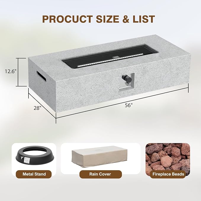 Outdoor Propane Fire Pit Table – Premium Marble-Like MgO Finish, 56-Inch Gas Fire Table for Patio, Garden & Backyard, Includes Rain Cover & Lava Rocks