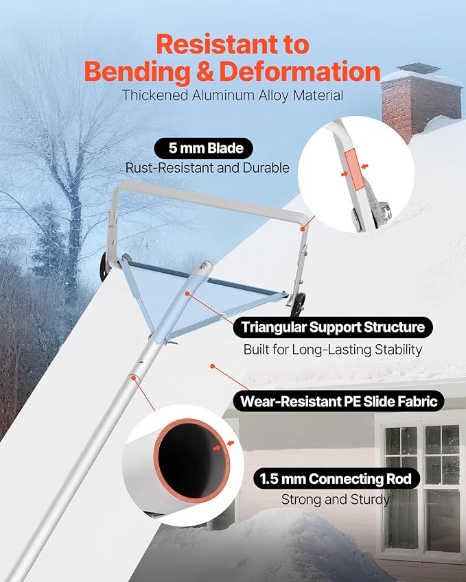 VEVOR Snow Roof Rake, 18.5 in Aluminum Blade, 5.2-30 ft Adjustable Roof Snow Scraper with Wheels & Slide, , Lightweight Snows Removal Tool for House Rooftop Leaves Debris Clearing