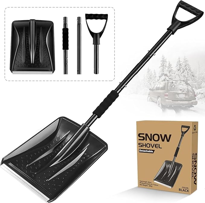 Snow Shovel for Car & Driveway, Upgraded 42.5" Lightweight Aluminum Alloy Shovel, Portable Foldable Snow Shovel for Emergency, Garden, Snow Removal, Heavy Duty Ice Shovel with Ergonomic Handle (Black)