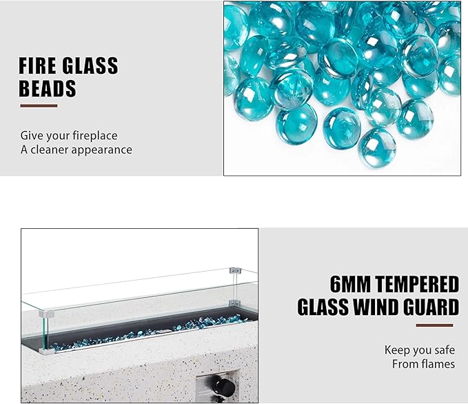 NAGA HABNA 56 Inch Propane Fire Pit Table, Rectangle Outdoor Fire Table w Tank Table (50,000 BTU), 3 Piece Gas Fire Pit w Glass Wind Guard and Blue Fire Glass for Garden, Pool, Backyard