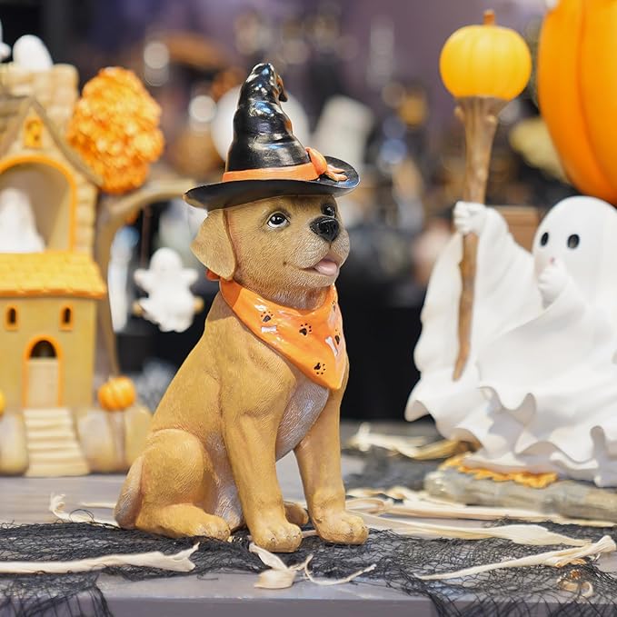 Halloween Decorations Indoor Dog Statue - Halloween Decor Figurine for Outdoor Indoor Mysterious Gothic Tabletop Puppy Sculpture Witch hat, Spooky Gifts Ghost Garden Decorations Rottweiler 5x7x13INCH
