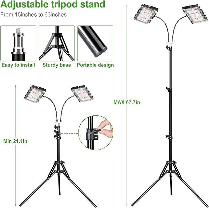 LBW Grow Light for Indoor Plants, Dual Heads Full Spectrum LED, Auto On/Off Timer, 6 Dimmable Levels, 3 Switch Modes, Adjustable Tripod Stand 15-63 inches