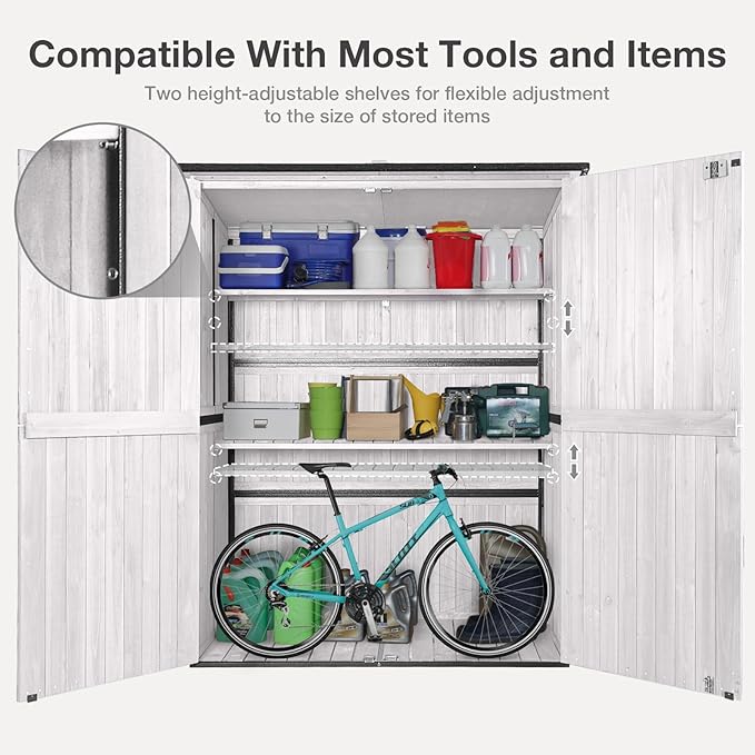 Outdoor Storage Shed with Floor - Waterproof Natural Fir Cabinet with Adjustable Shelves and Double Lock for Anti-Theft - Suitable for Storing Garden Tools and Household Debris (White)