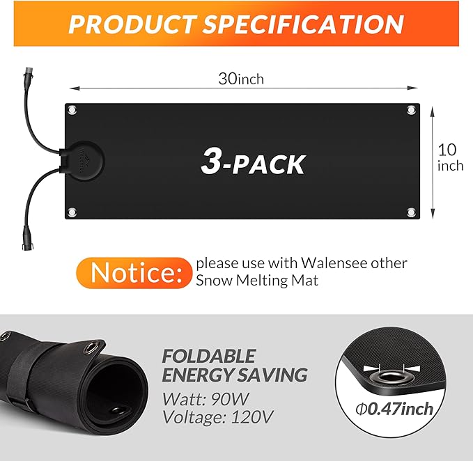 Walensee Snow Melting Mats Outdoor for Stairs, 10" x 30" 3-Pack Graphene Heated Outdoor Mats with Plug, No-Slip Rubber Snow Heating Mats, Ice Melts Pads Winter Sidewalks, Steps, Decks Snow Removal