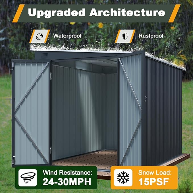 6x8 FT Lean to Shed with Lockable Double Doors, Metal Outdoor Storage Shed with Free PC Light Board for Tools, Outside Storage Shed Waterproof for Backyard, Garden, Patio