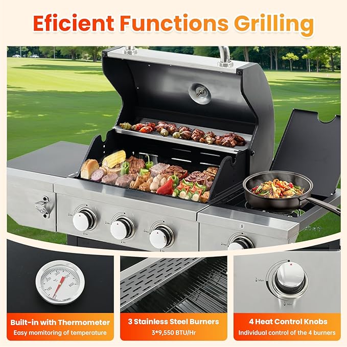 3-Burner Propane Gas BBQ Grill with Side Burner, Porcelain-Enameled Cast Iron Grates and Side Tables, 37,000 BTU Stainless Steel Grill for Outdoor Camping Barbecue Grilling Backyard Cooking