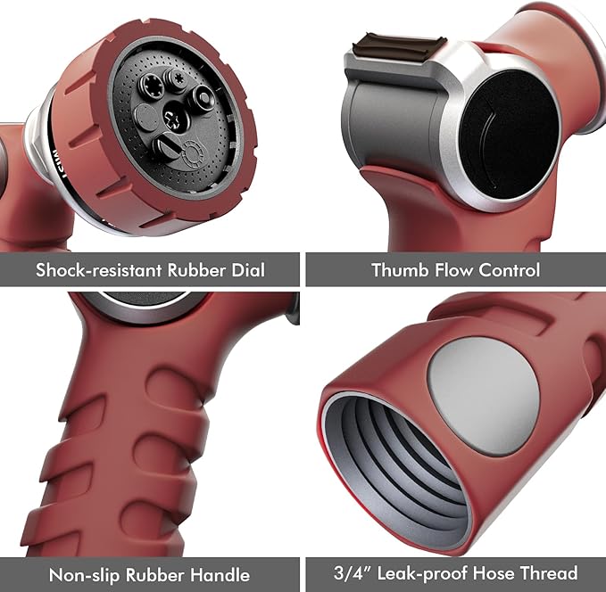 RESTMO Heavy Duty Hose Nozzle, Metal Garden Water Hose Sprayer with 7 Watering Patterns, Thumb Control, On Off Valve, High Pressure Nozzle Sprayer for Watering Plants, Car and Pet Washing, Red