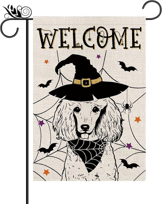 Halloween Garden Flag Poodle Cobweb Bats Double Sided Vertical Welcome Flag Holiday Outdoor Yard Lawn Decorations 12.5 x 18 Inch