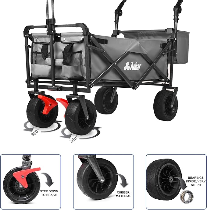 Collapsible Canopy Wagon - Heavy Duty Utility Outdoor Foldable Garden Cart - with Adjustable Push Pulling Handles,Big Wheels for Sand, for Shopping, Picnic, Camping, Sports - Grey