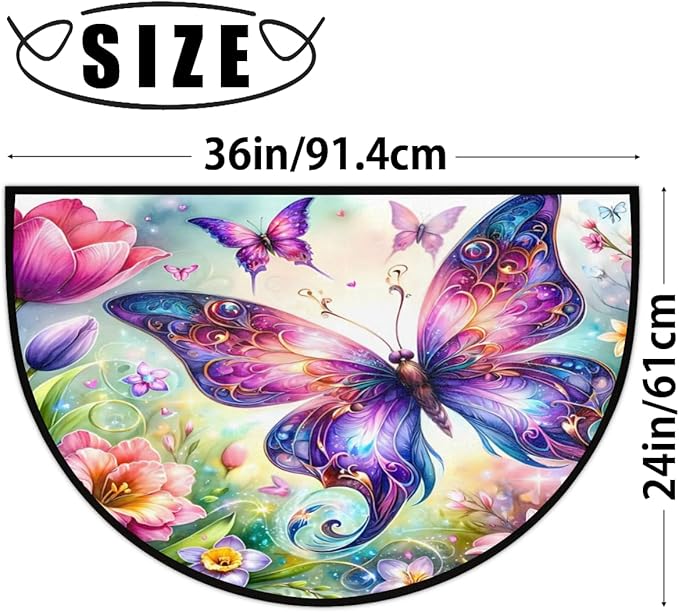 cfpolar Non-Slip Soft Half Round Door Mat, Butterfly Flower Semicircle Mat for Indoor Entrance Garage Bath Living Room Patio 24 x 36 in