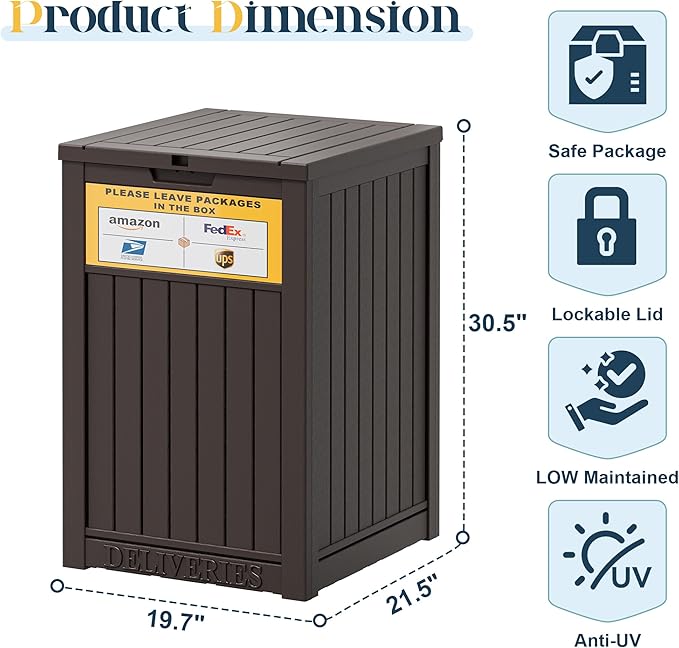 49 Gallon Package Delivery Boxes for Outside, Outside Storage Box Waterproof with Sign, Lockable Storage Box, Large Double-Walled Resin Weatherproof Deck Box for Porch and Patio, Brown