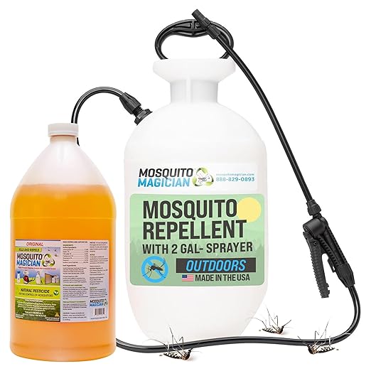 Mosquito Magician 1 Gallon Liquid Concentrate with a 2 Gallon Pump Up Sprayer - User-Friendly - Ideal for Yards, Lawns, Patios - Kills Mosquitoes, Fleas, Fire Ants - Includes 6 Natural Essential Oils