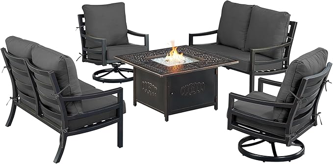 Oakland Living Black Aluminum Patio Fire Table Set with Two Deep Seating Loveseat with Cushions and Two Club Chairs with Black Cushions