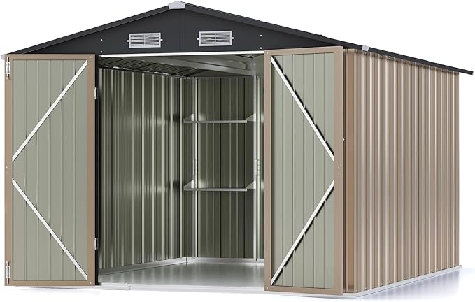 Patiowell 8x10 FT Outdoor Storage Shed with Detachable Storage Rack, Large Garden Tool Metal Shed with Sloping Roof and Double Lockable Door, Outdoor Shed for Backyard Garden Patio Lawn,Brown