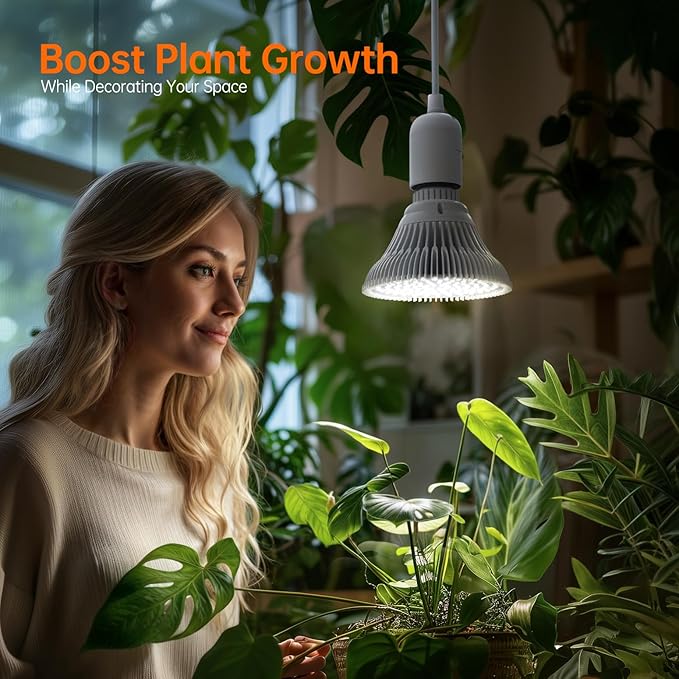 Hanging Grow Lights for Indoor Plants, 25W Full Spectrum, White Plant Light Bulb with Timer, 16.4FT Power Cord, 5000K, Pendant or Ceiling Installation, Perfect for Tall Plants, and Plant Shelf