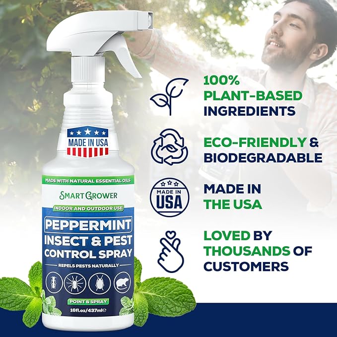 All Natural Peppermint Oil Insect & Pest Control Spray Repels Mice, Spiders, Ants, for Home, Indoor, Outdoor, Garden Maximum Strength Smart Grower Ready to Use 16 FL OZ