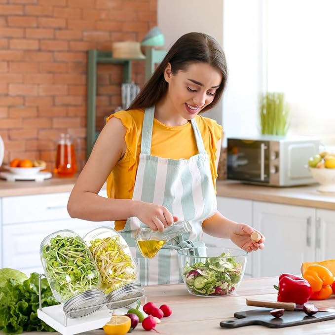 Organic Seed Sprouting Jar Kit – 2 × 32 oz Wide-Mouth Mason Jars with Stainless-Steel Sprouter Lids & Stand, Blackout Sleeves, Drain Tray – Grow Broccoli, Alfalfa & Bean Microgreens