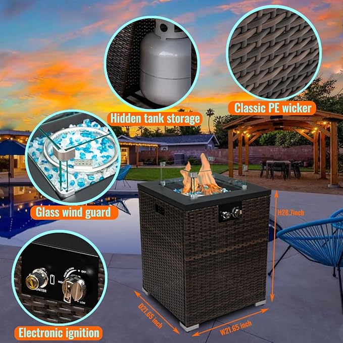 22in Outdoor Propane Gas Fire Pit Table, 40,000 BTU Auto-Ignition Gas Firepit with Glass Wind Guard, Painted Steel Tabletop, Mixed Color Glass Rocks, Brown PE Rattan