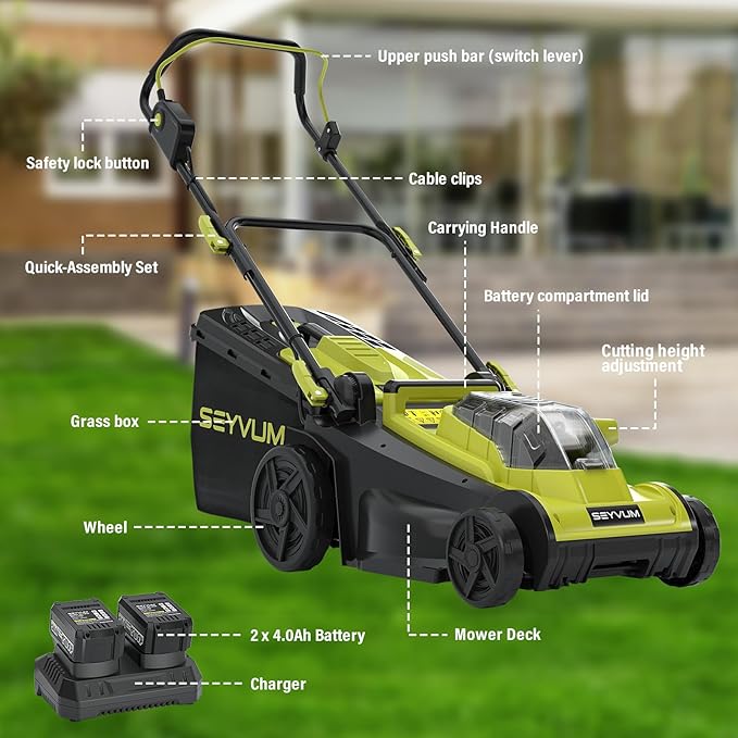 SEYVUM 40V 16-inch Cordless Lawn Mower with 45L Grass Collection Bag, 6 Position Height Adjustment Electric Lawn Mower, 2 x 20V 4.0Ah Battery Powered Push Lawnmower, 2.4A Fast Charger