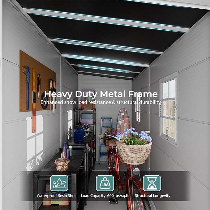 CDCASA 4x8 FT Resin Lean to Shed, Waterproof Outdoor Storage Shed with Floor and Adjustable Openable Windows,Outside Plastic Tool Shed for Backyard Garden Patio Lawn