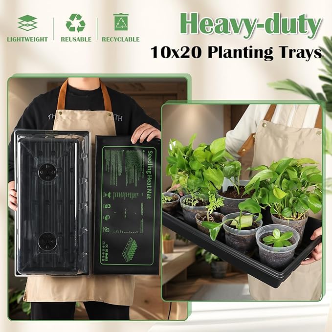 4-Pack 1020 Seed Starter Trays with 7.3'' Humidity Domes & 2-Pack Heat Mats – Heavy-Duty Seedling Trays with Adjustable Domes & Waterproof Heating Mats for Optimal Germination & Cloning Propagation