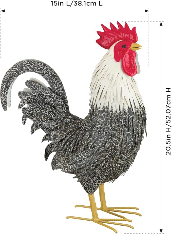 Regal Art & Gift Handcrafted Metal Rooster Statue, Weather-Resistant Farmhouse Yard Art, Indoor/Outdoor Garden Sculpture, Detailed Feather Design, Decorative Bird for Home & Garden, Murray, 20" Height