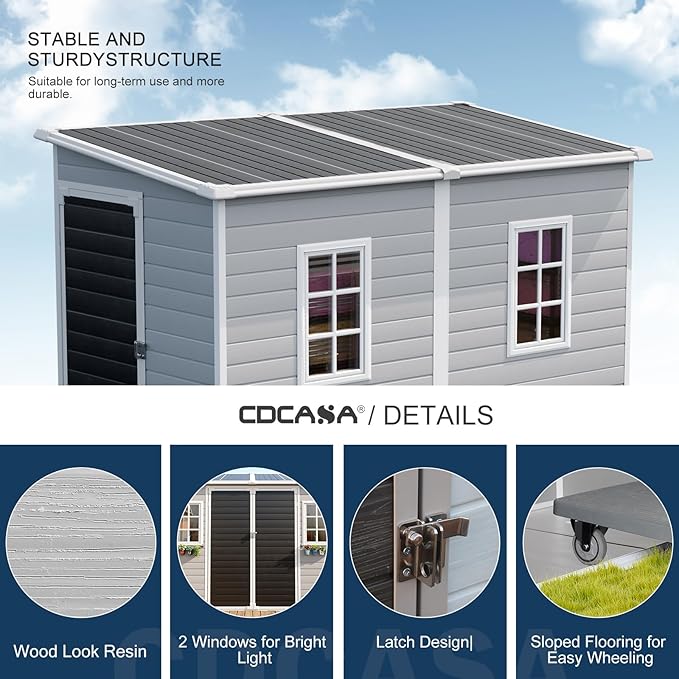 CDCASA 4x8 FT Resin Lean to Shed, Waterproof Outdoor Storage Shed with Floor and Adjustable Openable Windows,Outside Plastic Tool Shed for Backyard Garden Patio Lawn