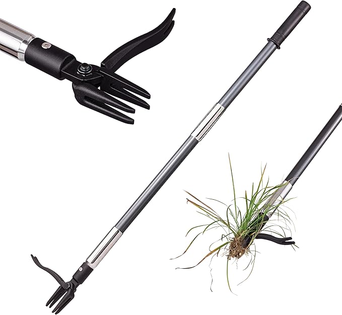 Hand Weed Puller Stand Up Weed Puller Tool with Epoxy Resin Long Handle 4-Claw Steel Head,2-Section Design Sturdy Garden Tools-Easily Remove Weeds Without Bending, Pulling,or Kneeling