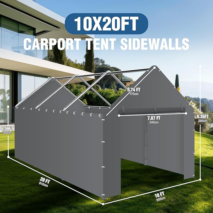 Canopy Sidewalls for 10' x 20' Carport with Ball Bungee Cords, Shelter Logic Replacement Covers Canopy Walls for Car Tent Garage(Sidewalls Only) (Grey)