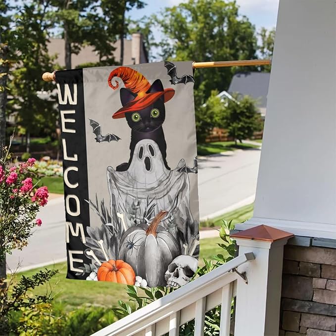 Halloween Ghost Cat Boo Pumpkin Skull Bat Garden Flag Welcome Party Outdoor Outside Decorations Picks Home House Garden Yard Decor 12x18 Inch