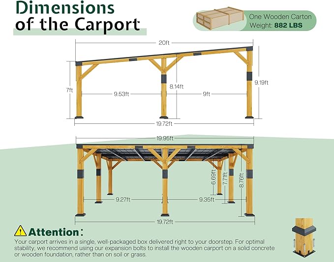 Jocisland 20x20x9.2 FT Cedar Wood Carport with Sloped Galvanized Steel Roof, Heavy Duty Outdoor Shelter for 2 Cars, Trucks, Boats & Tractors, Wind & Snow Resistant Pitch Roof Design