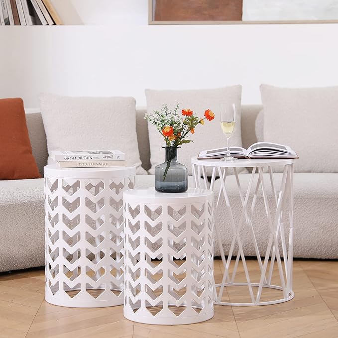 Y&M Set of 3 Metal Round Coffee Table, Side Table End Table for Indoor Outdoor Multifunctional Use, Heavy Duty Metal Plant Stand Garden Stool- White