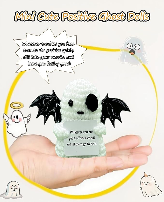 2 Packs Cute Decor for Men Women Kids, Positive Crochet Animals Emotional Support Handmade Mini Ghost Dolls with Positive Cards Halloween Basket Stuffers for Desk Home Decor