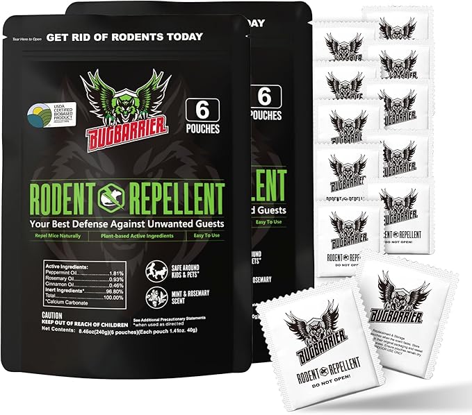 BugBarrier's Extra-Strength Mouse Repellent Deterrent Pouches, USDA 99% Biobased, Peppermint & Rosemary Oils Repel Mice Nesting in Car, RV, Boat, Garage, Shed, Cabin Made in The USA (Pack of 12)