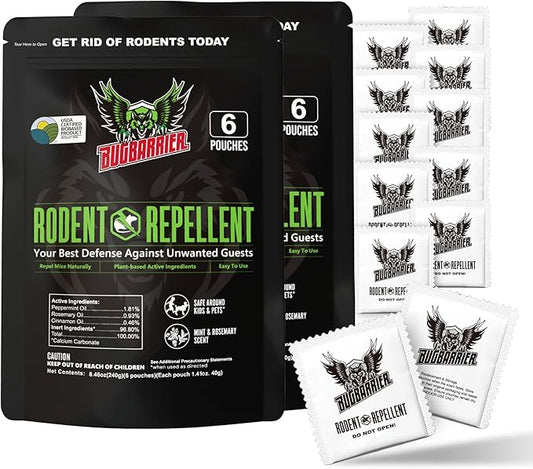BugBarrier's Extra-Strength Mouse Repellent Deterrent Pouches, USDA 99% Biobased, Peppermint & Rosemary Oils Repel Mice Nesting in Car, RV, Boat, Garage, Shed, Cabin Made in The USA (Pack of 12)