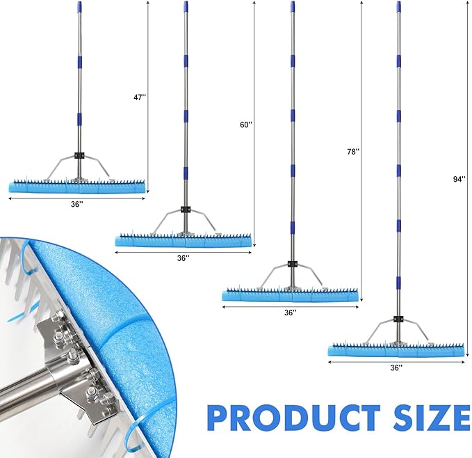 Landscape Rake, 94 Inch Adjustable Lightweight Pond Rake 36" Width Aluminum for Removing Weeds, Leaves, Beautifying Coastlines and Beaches