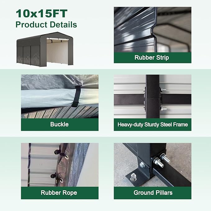 Metal Carport Kit 10x15 FT Heavy Duty Galvanized Garage Shed for Car Truck Boat Outdoor All Weather Sunshade Canopy Tent Car Shelter with Tarpaulin Sidewalls Enhanced Base Sloped Top