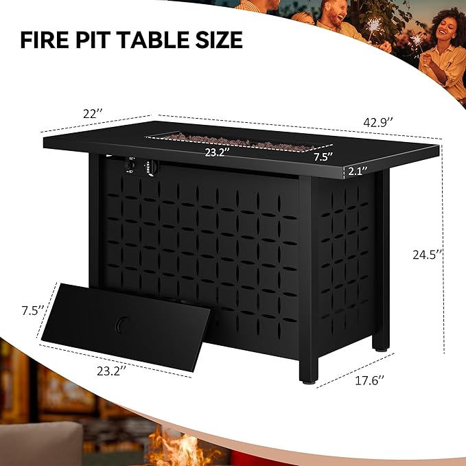 Vongrasig 43 inch Gas Fire Pit Table, 50,000 BTU Outdoor Rectangular Propane Firepit Table with Lid, Glass Wind Guard, Lava Rock, 2 in 1 Firepit Table for Outside, Patio, Deck, Garden, Backyard