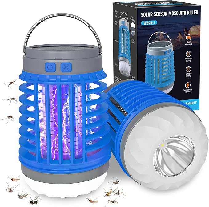 2 Pack Solar Bug Zappers Outdoor Waterproof Mosquito Zappers for Patio Home Camping, 3 in 1 Cordless Rechargeable Mosquito Repellent Outdoor Patio Flashlight, Mosquito Killer Indoor - Blue